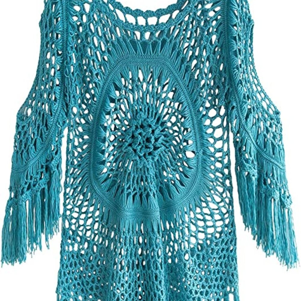 Women's Cover Up White Crochet Hollow Out Tassel Swimsuit Three Quarter Sleeve - Picture 4 of 5